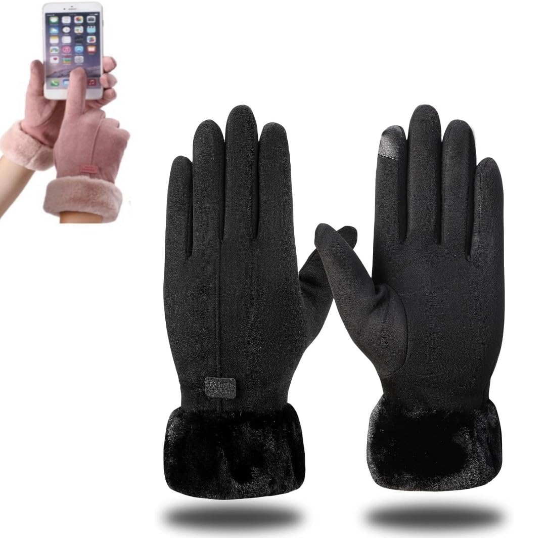 Tomorrow Women's Winter gloves Soft Warm Touch Screen Gloves for Cold Weather Windproof Covered Finger faux fur on the inner for cold weather Women Cute design Plush Fur Cuff