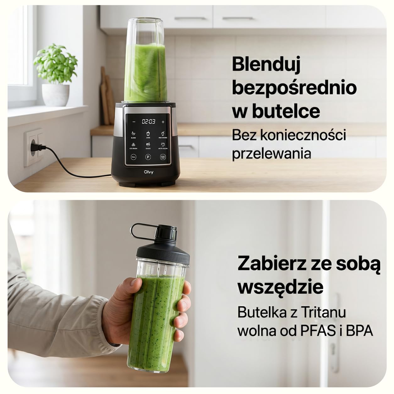 Olvy Blender Smoothie Maker 1500ml Szklany To-Go Timer LED 6 Noży-Black