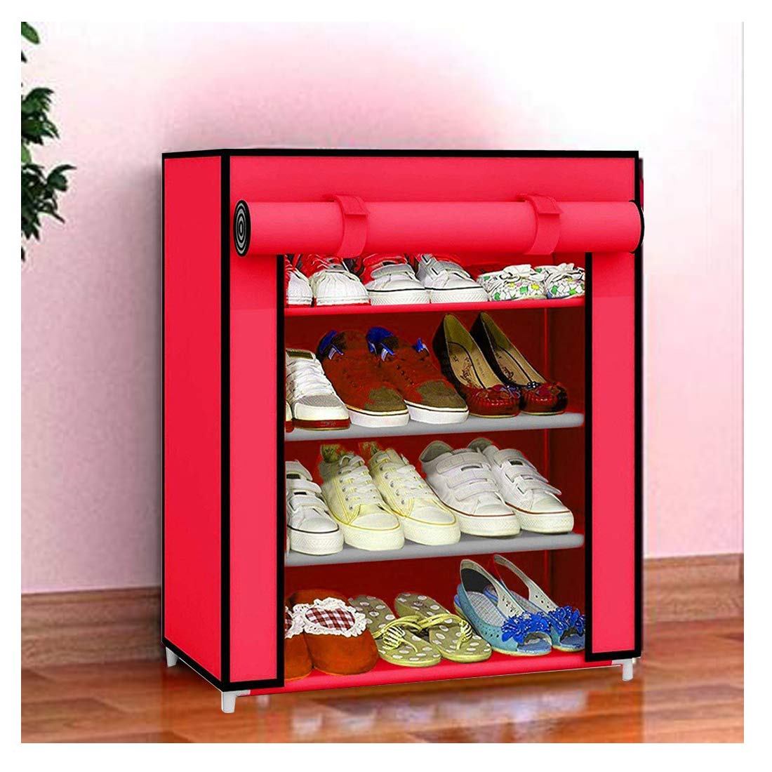 SANSIM Multipurpose 4-Tiers Shoe Rack with Dustproof Zip Cover, Multiuse Wide Space Storage Rack made by Non Woven Fabric for footwear, Toys, clothes (4 Shelves) (RED), Plastic Non Woven-image-12