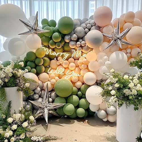 Image of 412pcs Sage Green Balloon Garland Arch Kit 18 12 10 5 Inch Different Sizes Matte Latex Olive Balloons for Baby Shower Birthday Wedding Jungle Dinosaur Summer Theme Party Decoration