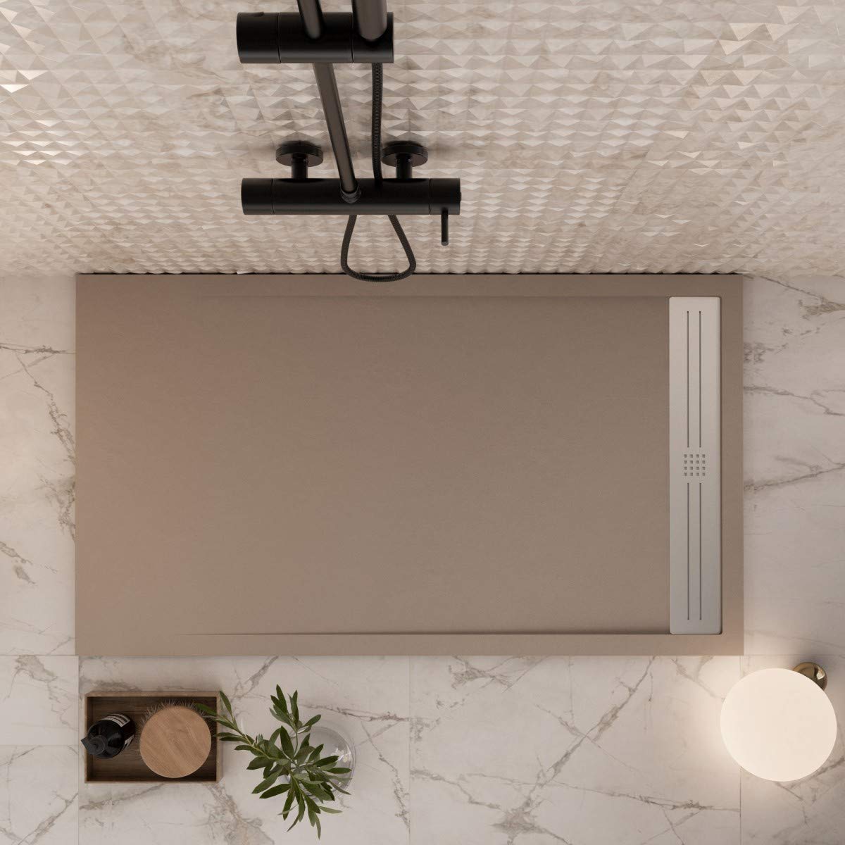 Luminosa ArredoBagno Plato de ducha Marmoresina 80 x 120 cm – Efecto piedra antideslizante con gelcoat – Modelo París color tortora – Rejilla inoxidable y desagüe incluidos