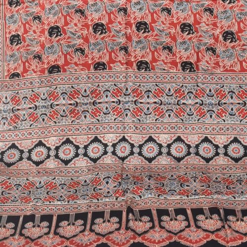 Image of Ethnics of Kutch Womenss Ajrakh Modal Silk Natural Dye Hand Block Print Saree with Blouse Piece - 5.5 Mtr Length