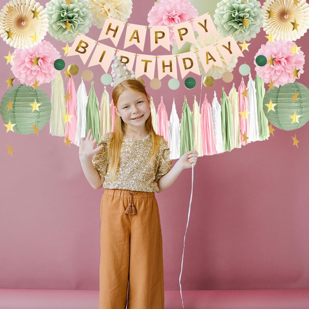 Sage Green and Pink Birthday Decorations for Women Girls Pink and Green Party Decorations Sage Green Pink Cream Paper Tassel Garland Paper Pom Poms Paper Lanterns Happy Birthday Banner