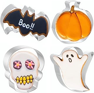 JOB JOL Cookie Cutters 4 PCS, Large Halloween Cookie Cutters, 4'', Ghost, Pumpkin, Bat, Skull