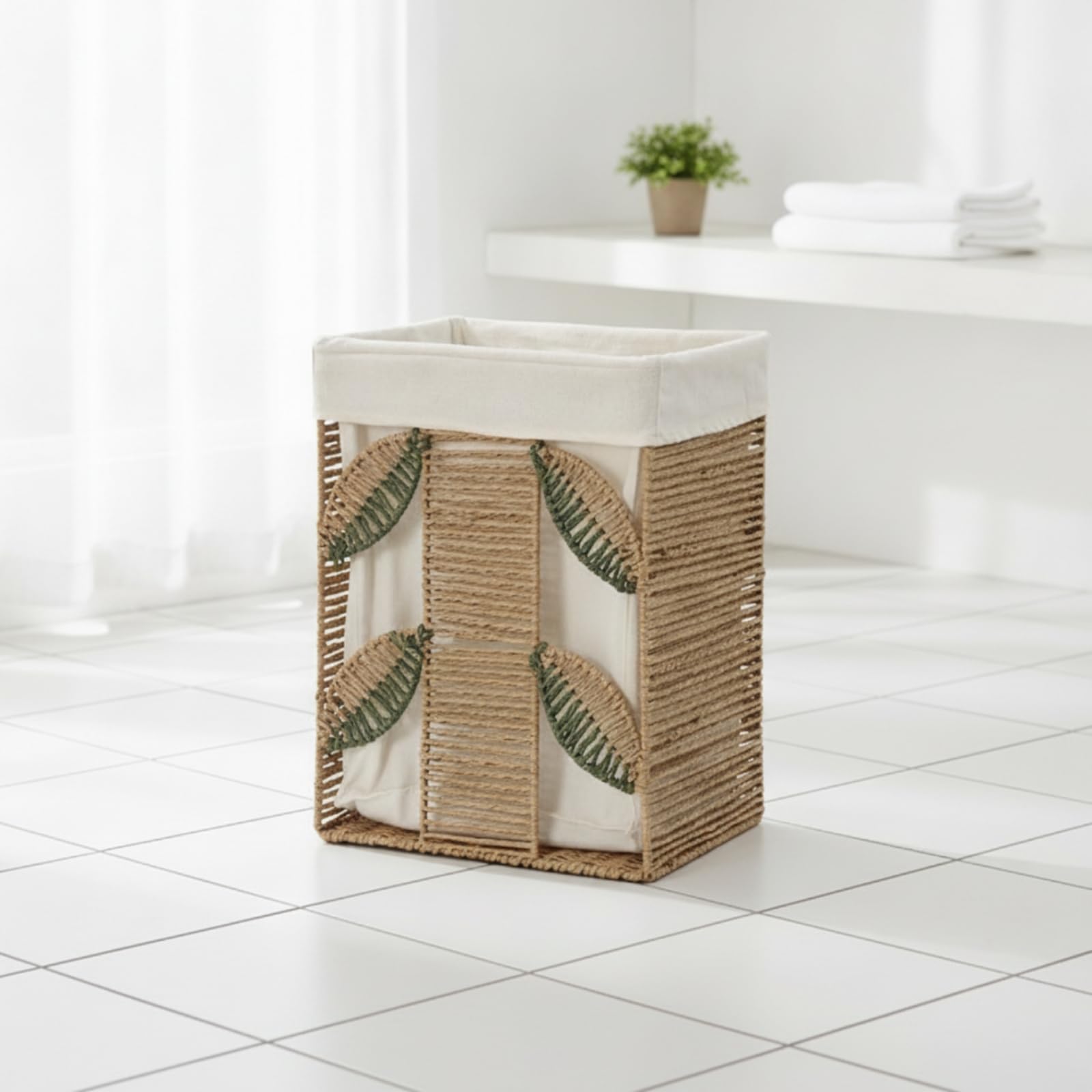 Amagogo Cesto Porta Biancheria Cesto Cesta Lavanderia Contenitore Organizzatore con Rivestimento in Cotone Lino Intrecciato con Bordo Rinforzato E Manico, Grande, Stile Rustico Con Motivo A Foglie