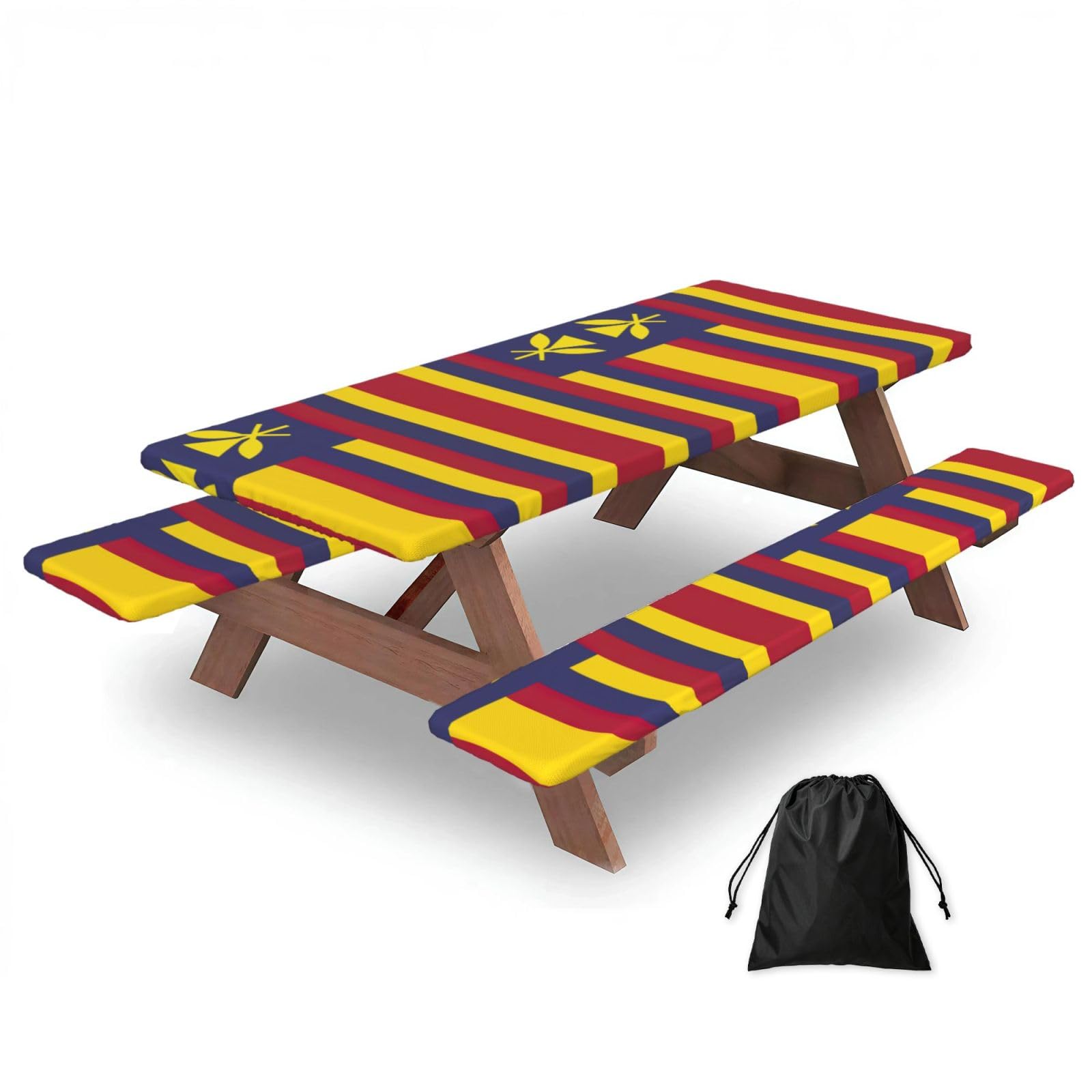 Zyjhyy Black Flag Of The Kingdom Of Hawaii Print 3 Pack Wipeable Picnic Bench Cover And Table Cover Lightweight Table Cloth For Camping Outdoor