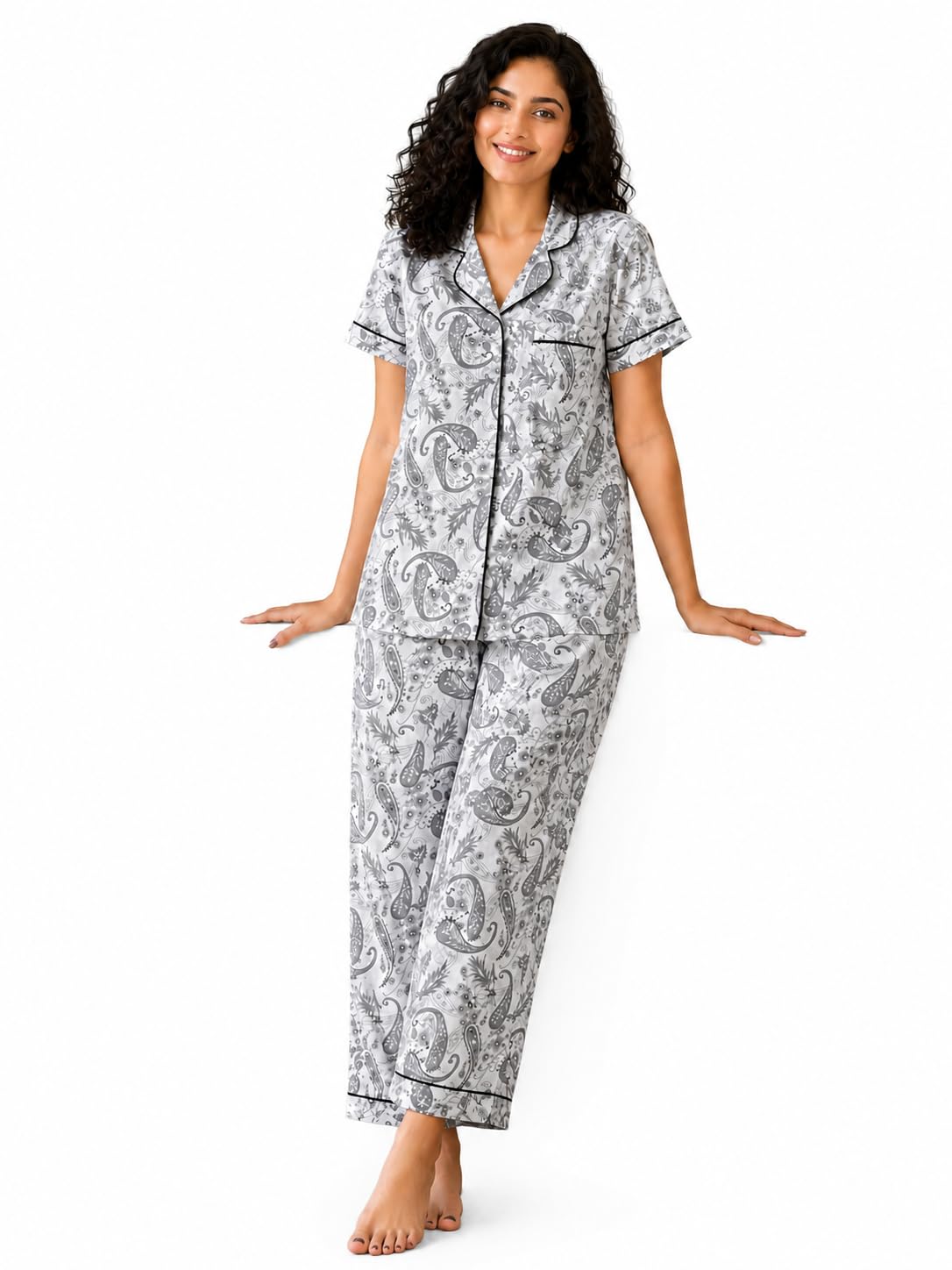 ao services Women's Rayon Paisley Print Night Suit Set | Notch Collar Short Sleeve Shirt & Full-Length Pant Pyjama | Soft Breathable Rayon Sleepwear Loungewear | White Grey | Night Dress-picture-29