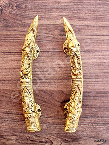 ESPLANADE - 11" Tusker Style Ganesha Carving Brass Door Handle Pair - Set of 2, Gold - Image 4