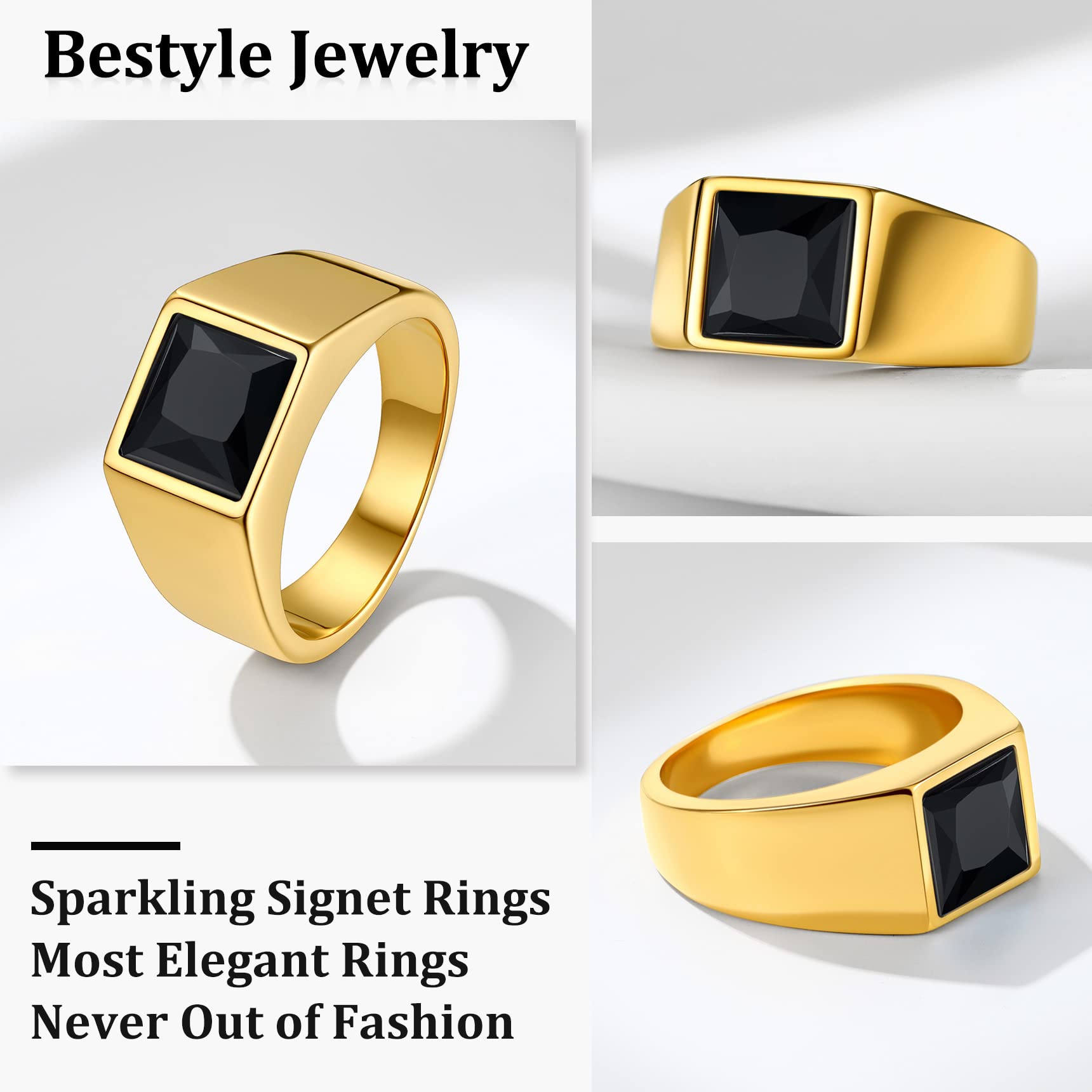 Anillo de sello de acero inoxidable para hombre, anillo de banda de piedras preciosas negras/azul, anillo clásico simple y grueso para hombre, tamaño 7-14, Acero inoxidable Oro 2
