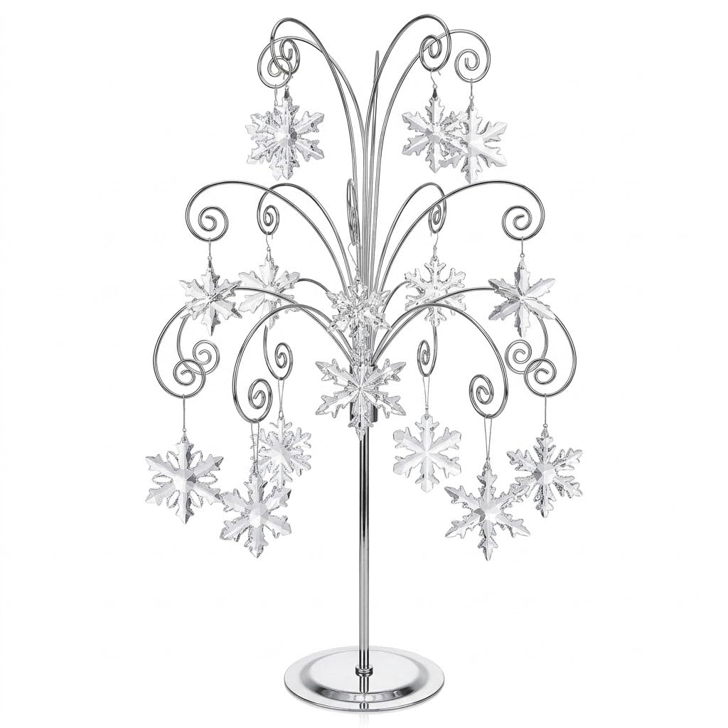HOHIYA 50 cm Ornament Präsentationsständer Metall mit 15 Haken Silber | Eleganter Metallständer für Kristall-, Glas- und Weihnachtsornamente mit stabiler Basis für stilvolle Dekoration.