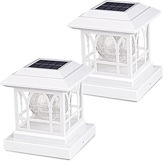Solar Post Cap Lights, Warm White & RGB Automatic Cycling, Cracked Glass Bulb, 20 Lumens lP65 Waterproof Fit 3.6x3.6 4x4 4.5x4.5 5x5 Wood Fence Post Solar Powered Lights White (2 Pack)