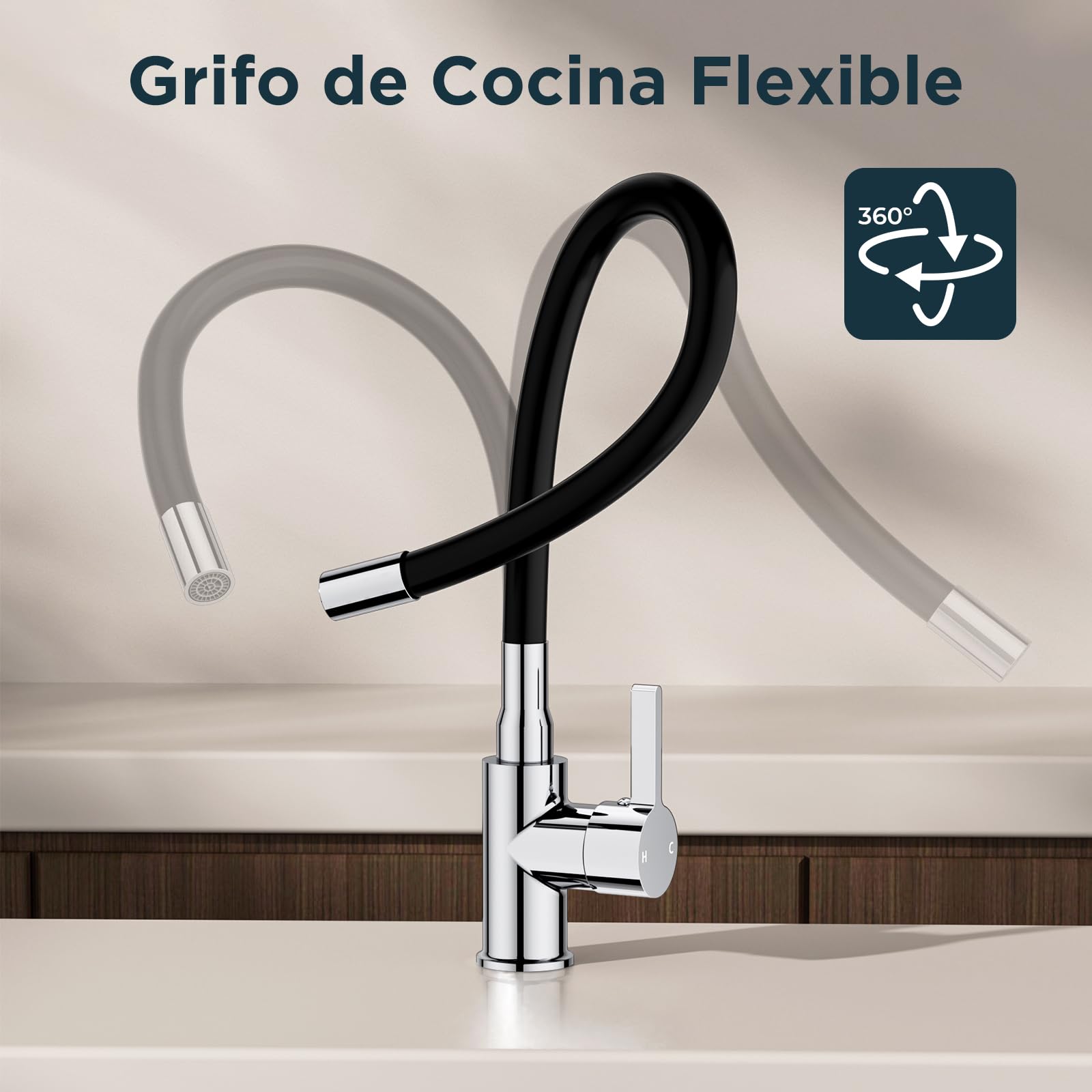 FORIOUS Grifo Cocina Flexible, 360° Giratorio Grifo Cocina Fregadero 1 Orificio,Grifos de Cocina Fregadero Monomando Acero Inoxidable, Cromo Pulido