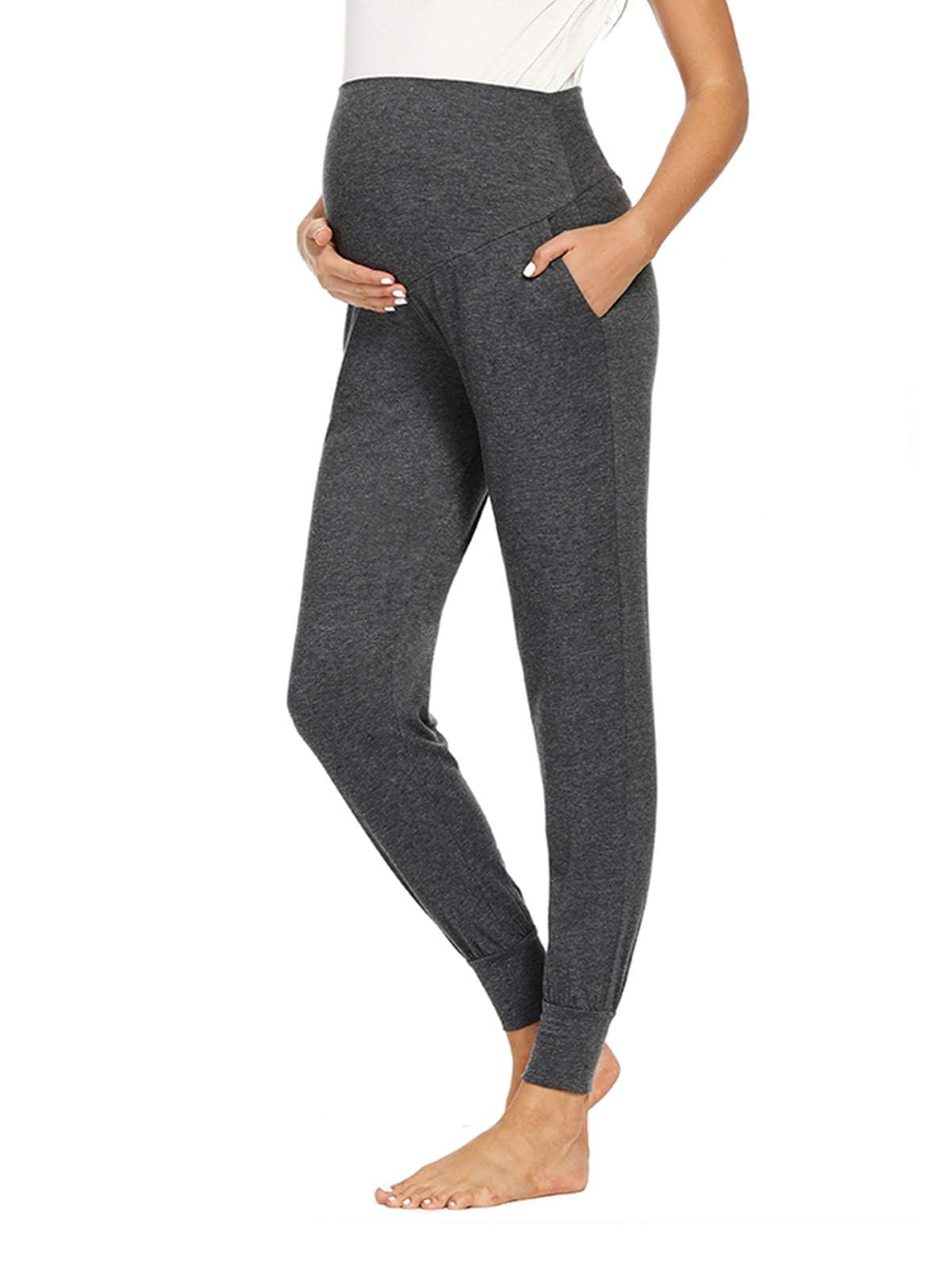 Shen&Qege Women's Dark Gray1 Maternity Pants Over The Belly Lounge Sweatpants Stretchy Comfy Pregnancy Trousers With Pockets