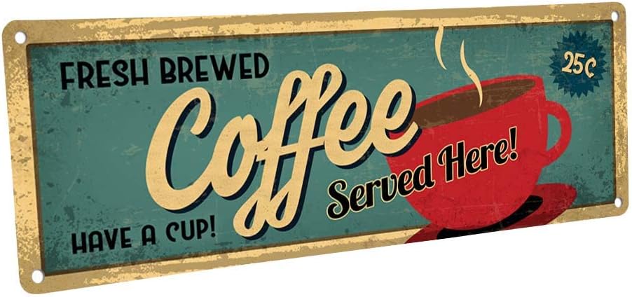 Homebody Accents – Vintage Bar Wall Sign, Fresh Brewed Coffee Served Here Metal Sign, 4"x12", Bar Decor for Kitchen, Coffee Station, Office, or Café – Made in USA