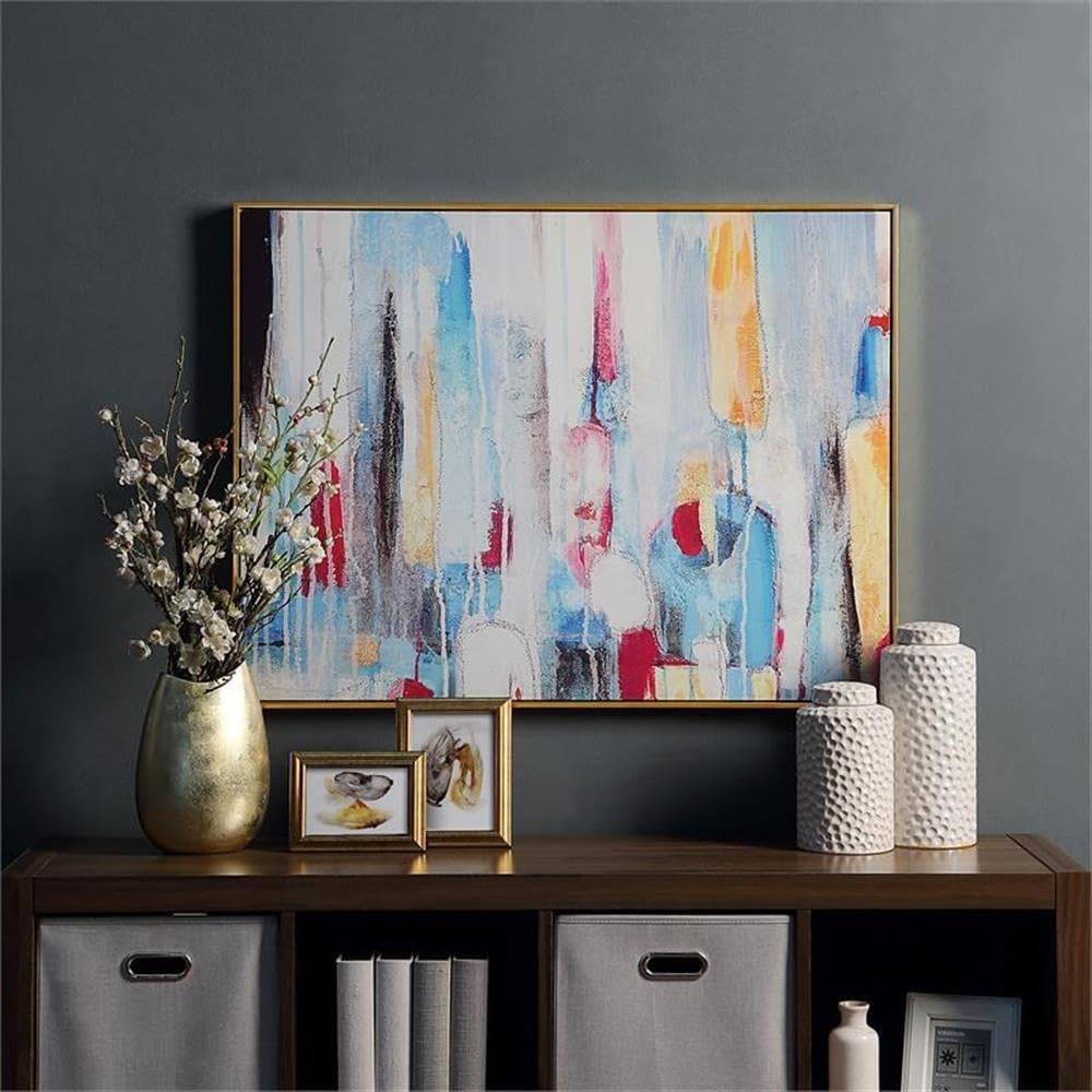 Pemberly Row Engineered Wood Abstract Rainy Forest Wall Art, 30x39 in, Multi-Colored Printed Canvas, Gold Frame, Modern Design, Ready to Hang Horizontal or Vertical, Home Decor