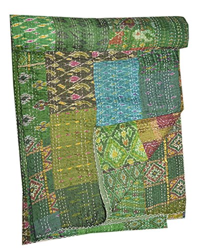 Sophia-Art Vintage Silk Patola Kantha Printed Patchwork Quilt Throw Gudri Queen Size (Bottle Green)