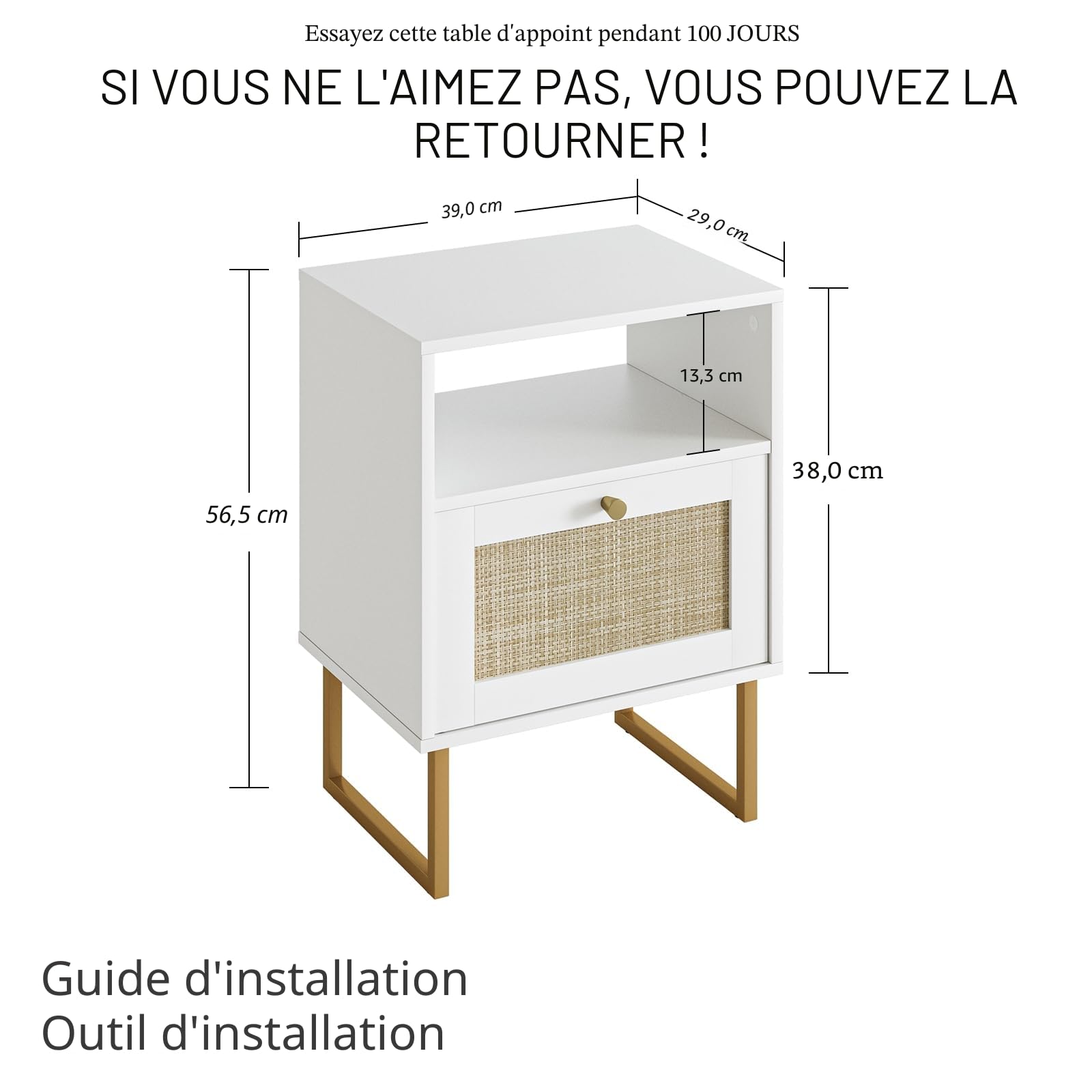 HEYZOEY Table de Chevet Moderne en Bois avec tiroir et étagère Ouverte, Petite Table d'appoint avec Cadre doré pour Chambre, Salon, Bureau (Blanc)