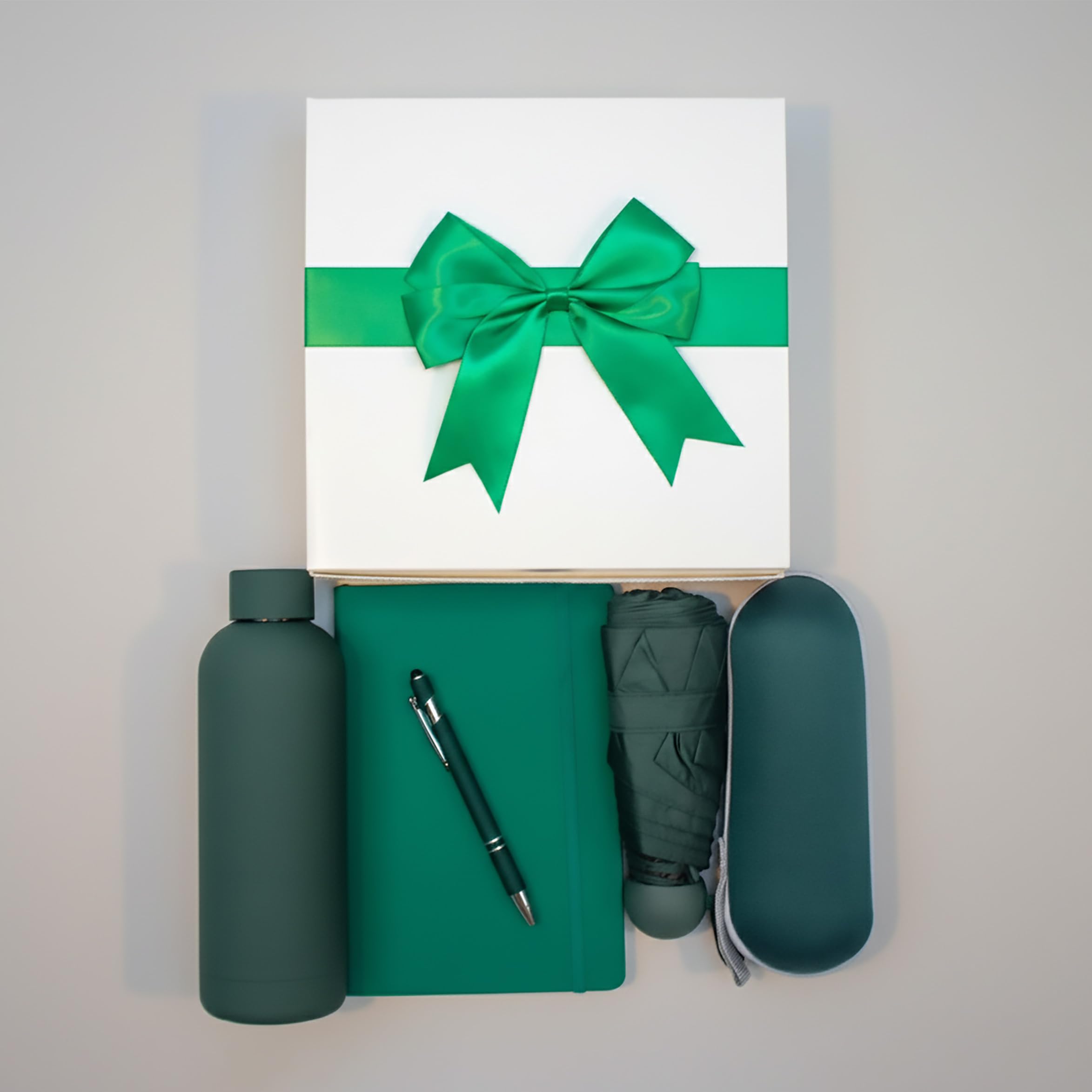Vivid-it Gift Set for Women & Men | 4-in-1, A5 Notebook with Pen (Touch Stylus Tip), Umbrella and 500ml Stainless Steel Thermal Bottle | Corporate Gift Set | Gift Box with a Ribbon Bow (Green) - Image 2
