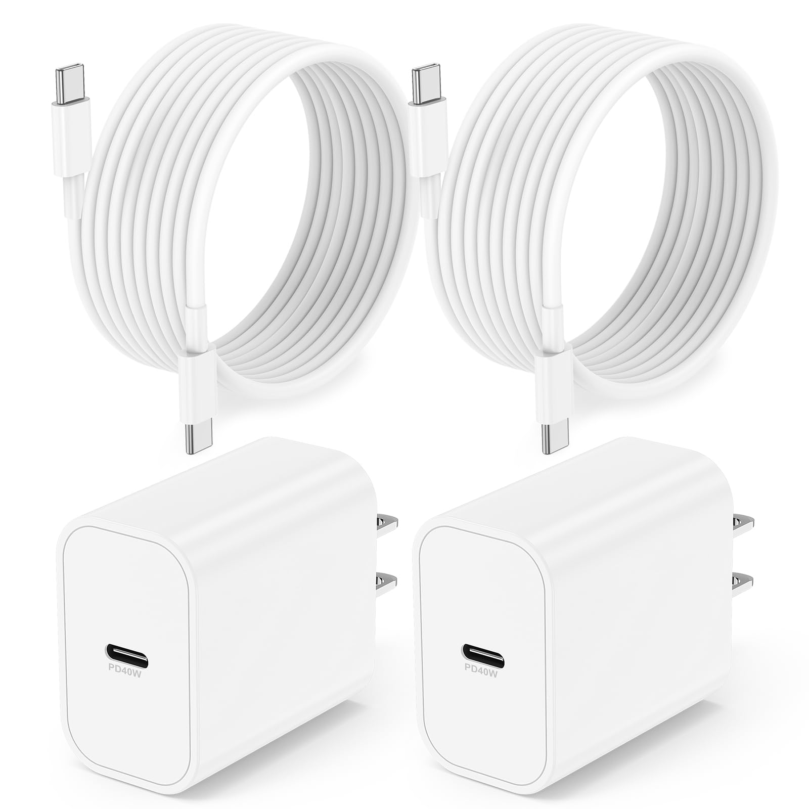 2Pack 40W iPhone 17 16 15 Charger and 10ft Type C to C Cable Cord Long, USB C Fast Charging Block for Apple iPhone 17 Pro Max/17 Air/16 Pro/16/15 Plus/iPad/mini, Wall Plug Power Adapter Cube Brick 10 Feet Light White 2