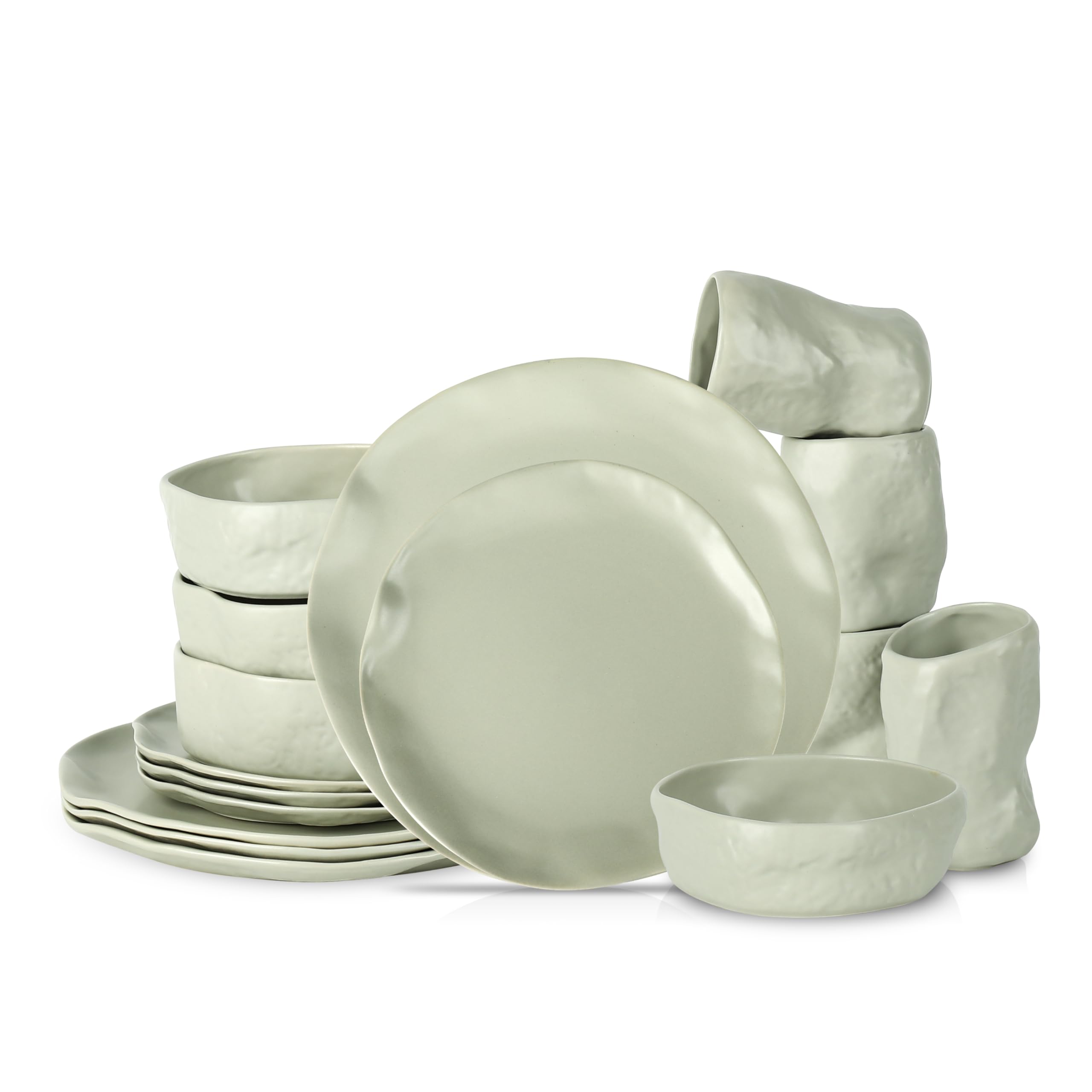 Stone by Mercer Project Atik Modern Steingut Geschirrset, Teller und Schüssel-Set, Geschirrset für 4, Salbeigrau, 16-teilig