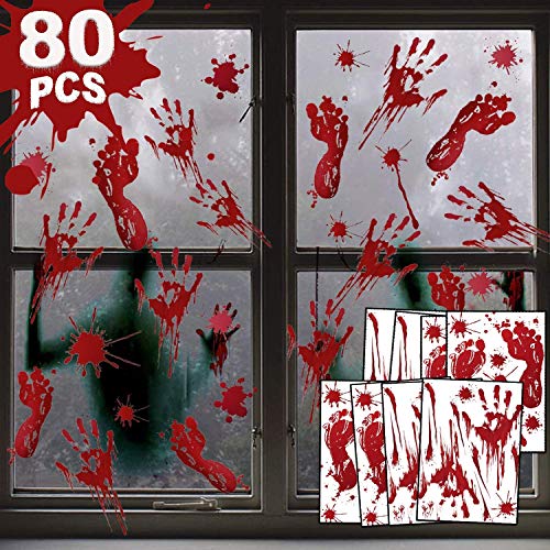 80 Pcs Window Decoration Stickers, Scary Bloody Handprint Footprint Stickers Horror Decoration Supplies Zombie Party Decorations Wall Window Decals