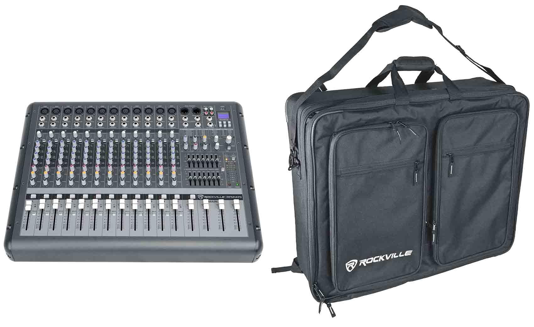 Rockville Bundle: RPM1470 14 Channel 6000w Powered Mixer w/USB, Effects/14 XDR2 Mic Pres Bundle with BP-MIX2621 Padded Mixer Bag Semi Rigid, Interior Straps 26