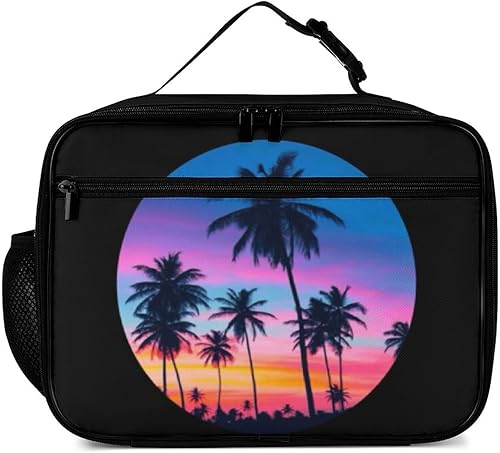 Miniatura 2 de Lonchera reutilizable con diseño de palmeras al atardecer, bolsa de almuerzo aislada, lonchera para comida y comida, bolsa de mano para mujeres,
