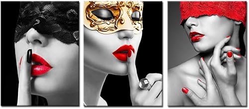 iKNOW FOTO Decoración de dormitorio para mujer, diseño de labios rojos y negros, arte de pared, arte de pared para baño, póster de moda con marco