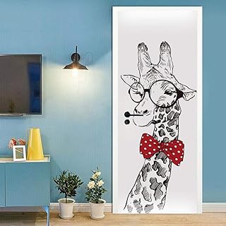 QHOXAI Adesivi per Porte 3D per Decorazione Parete Soggiorno Cucina Camera da Letto Bagno Carta da Parati 85X205Cm Giraffa di Schizzo di Doodle Autoadesivo Carta Parati Porta Fotomurali Poster Murale