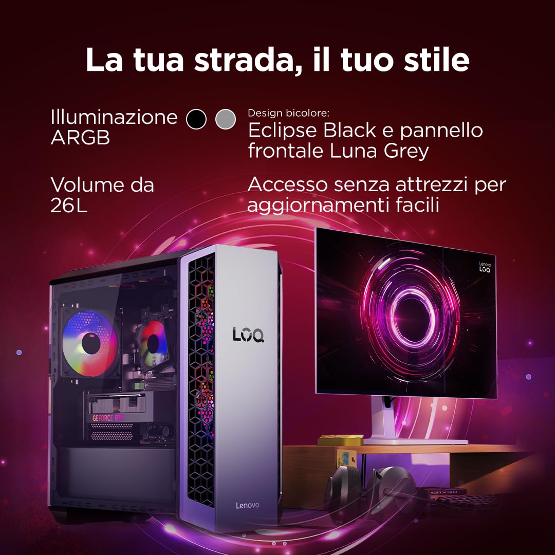Lenovo LOQ Gaming Desktop 26L - (Processore AMD Ryzen 7-8745HX, RAM 2x8GB, Memoria 1 TB SSD, NVIDIA GeForce RTX 5060 8GB GDDR7, Windows 11) -Luna Grigio+Eclipse Nero - Esclusiva Amazon
