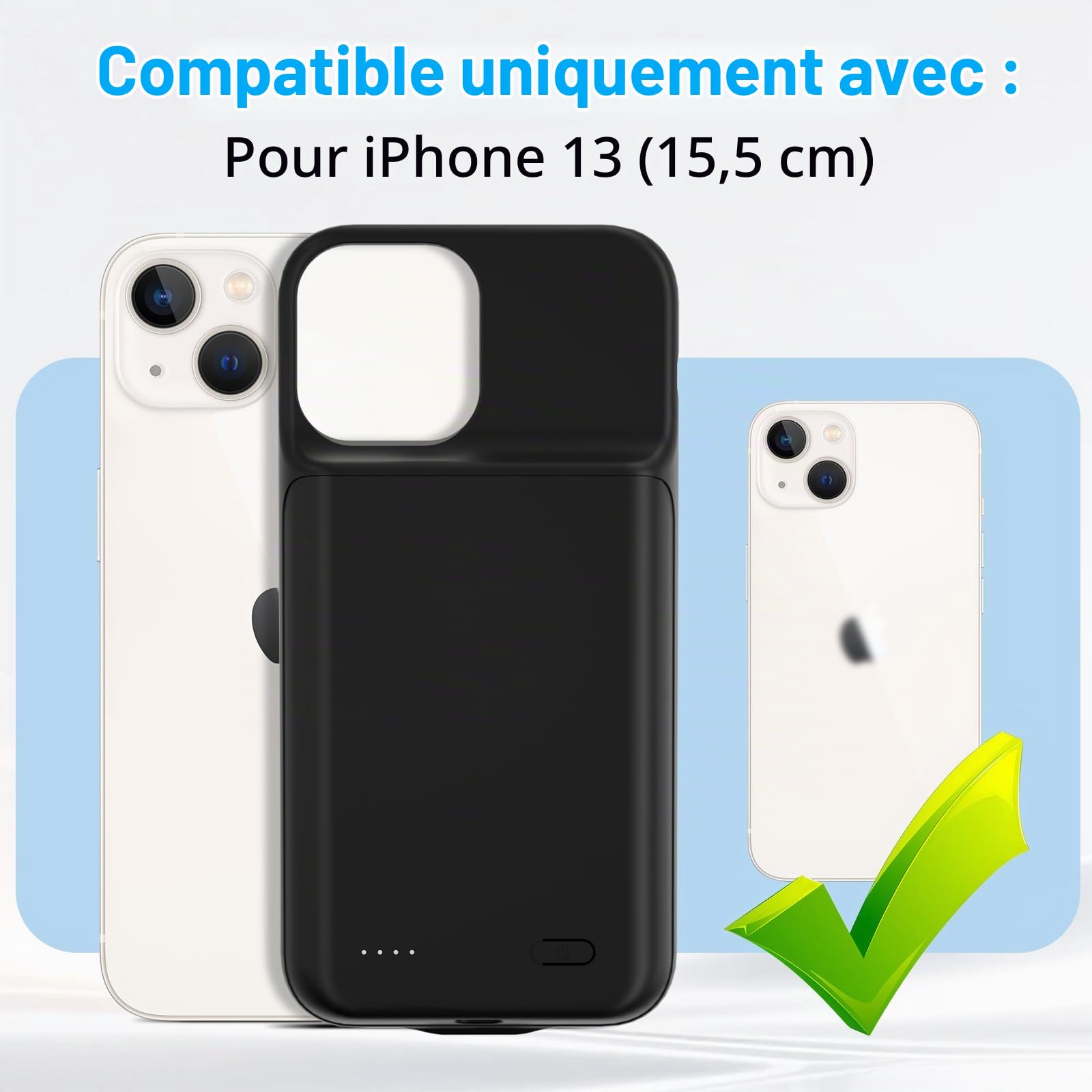 Coque de protection pour iPhone 13 (6,1 "), 8500 mAh, chargeur portable ultra fin, batterie étendue, chargeur de téléphone et coque de protection avec fonction de charge pour iPhone 13 - Noir