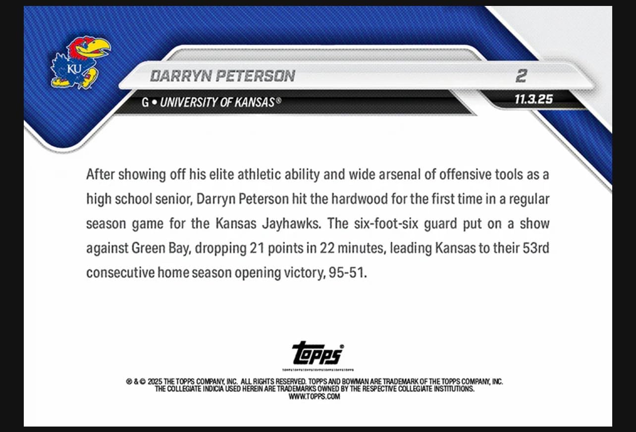 2025-26 Bowman U Now Darryn Peterson #2- Freshman Phenom Dazzles in Jayhawks Debut - Basketball NCAA- Kansas Stated Print Run of Only 5229 Made! Card Shipped in Protective Screwdown Holder.