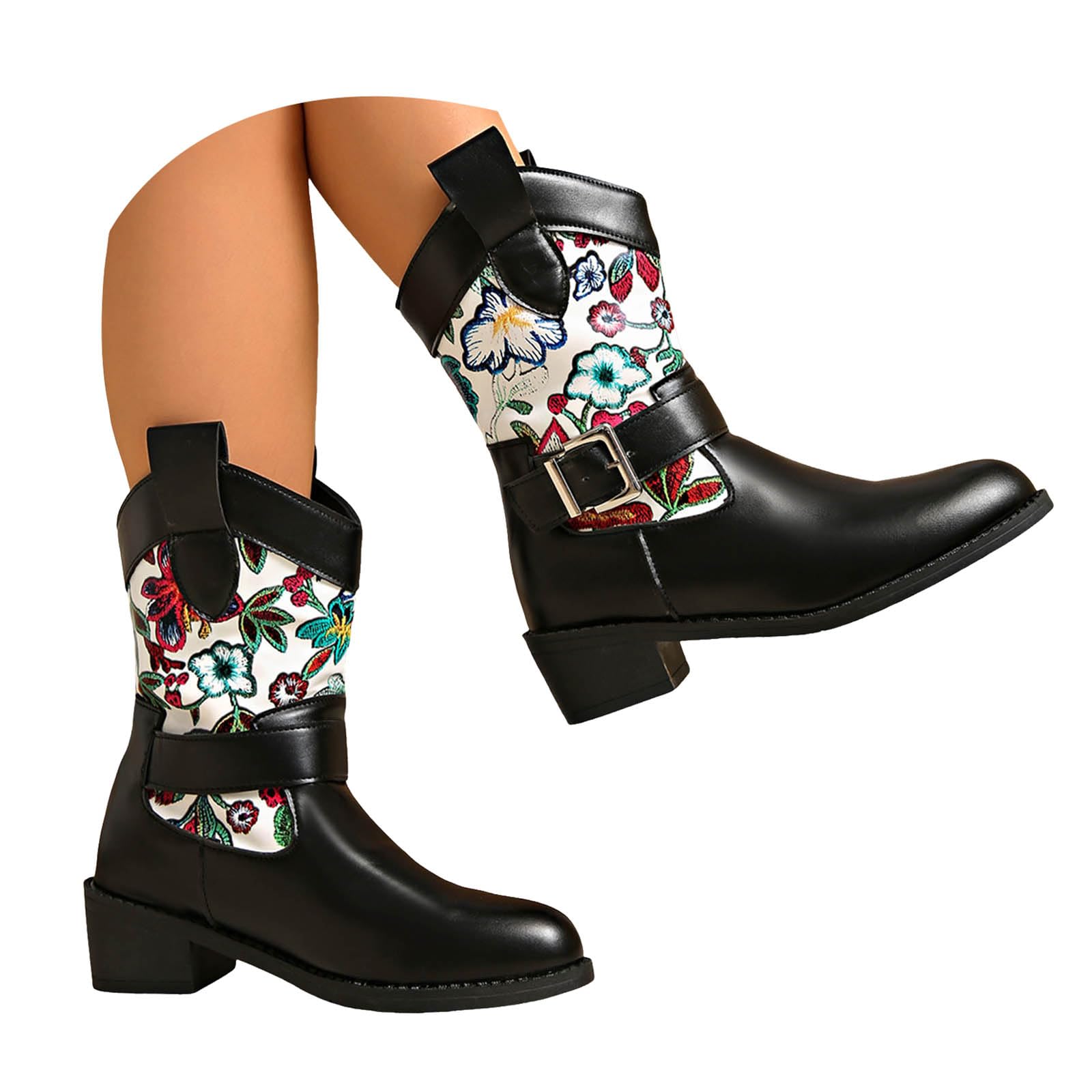 Womens Cowboy owgirl Western Boots Low Chunky Heel Embroidered titched Ankle Boots Pointed Toe Mid Calf Fall Short
