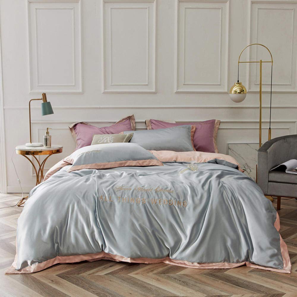 zlzty Ice Silk Summer Silky wash Silk Silk Quilt Cover,Single Duvet Cover,Brushed Cotton Fitted Sheet,Double Duvet Set,Silk Bedding@2.0m (4 Pieces)_B