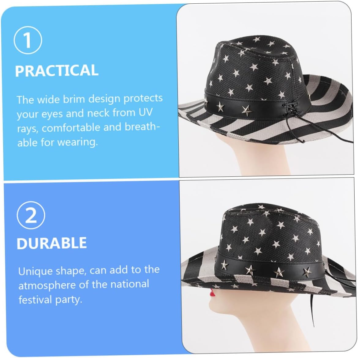 Alipis American Flag Cowboy Hat Straw Western Cowgirl Hat Unisex Summer Multi-Functional 4th of July Black Stripe