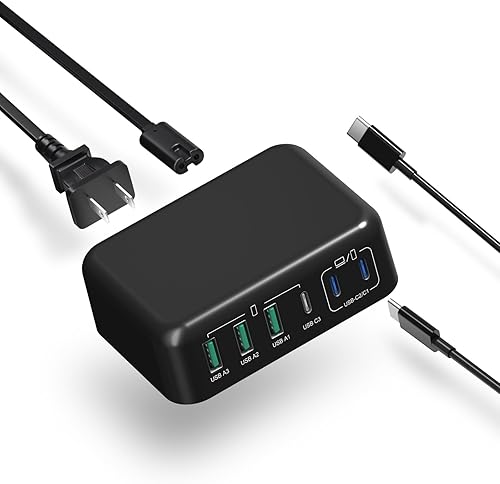 Cargador USB C de 165 W con cable USB C a C de 6 pies, Excgood GaN 6 puertos múltiples USB estación de carga rápida de 65 W tipo C, bloque de