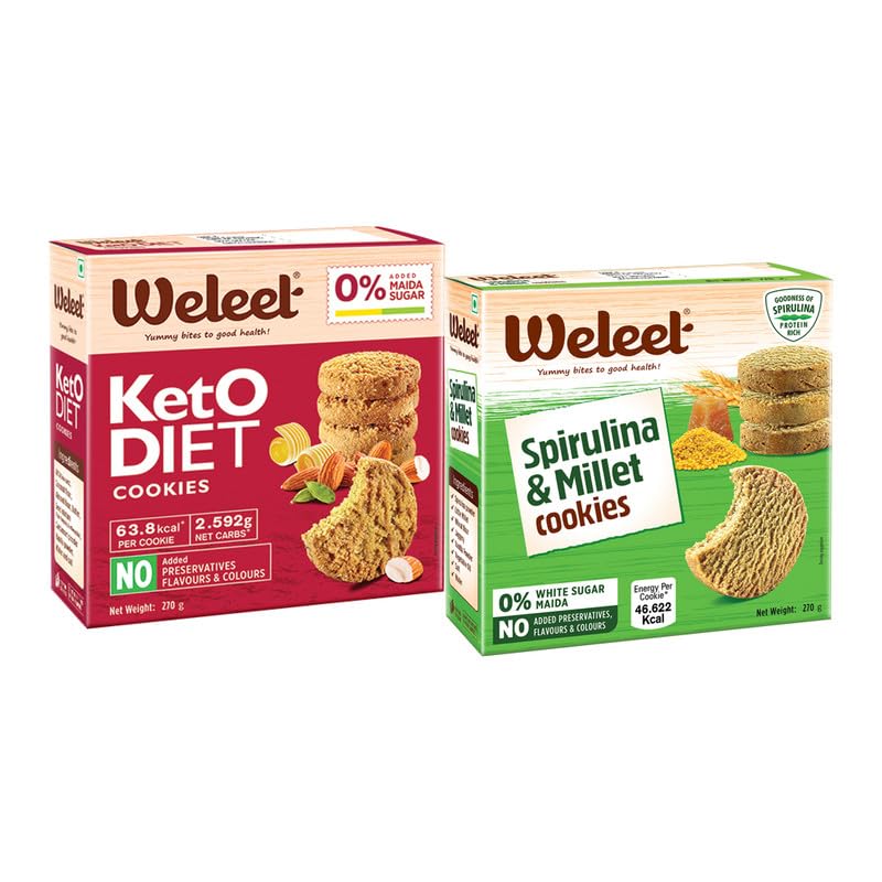 Image of Weleet Keto Diet and Spirulina & Millet Digestive Cookies|Home /Office Snack, 0% Maida /White Flour & Sugar|No Added Preservatives Enriched with Natural Ingredients|Pack of 2 (Each 270gm)