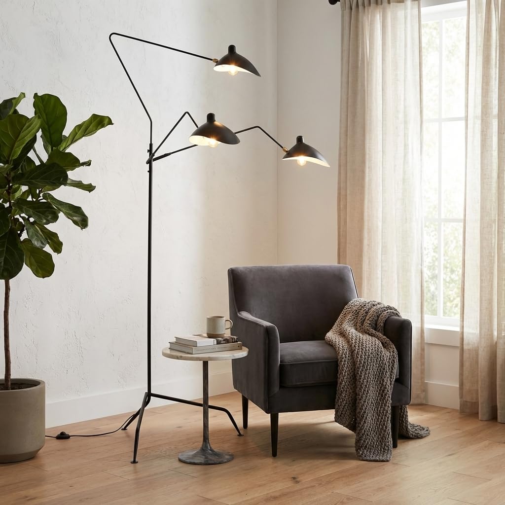 BARCELONA LED Lampa stojąca duża i wysoka czarna w stylu industrialnym vintage, 3 regulowane światła E27, solidny metal, nowoczesny retro design do salonu, sypialni, biura i kącika do czytania