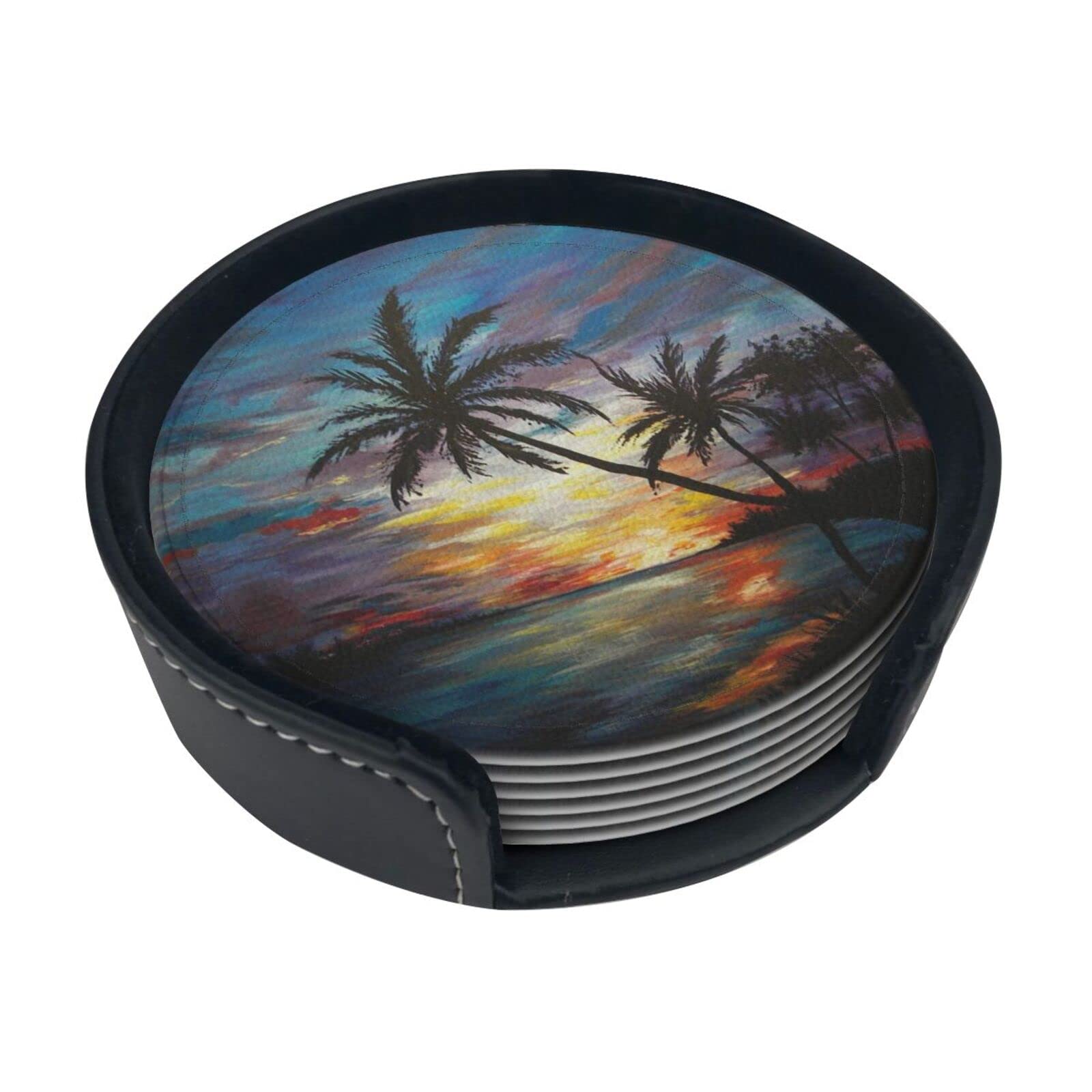 Tropical Sunset Coaster,6 Pcs Leather Coasters, for Drinks Absorbent with Storage Box