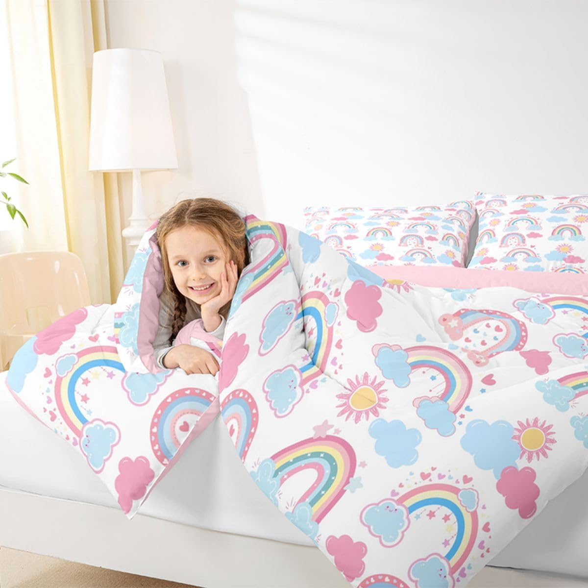 Erosebridal Boho Rainbow Bedding Kawaii Pink Sun Clouds Rainbow Twin Bed Comforter Set, Cartoon Love Heart Bohemian Rainbow Comforter Set Soft Microfiber Quilt with 1 Pillowcase (Pink Blue White)