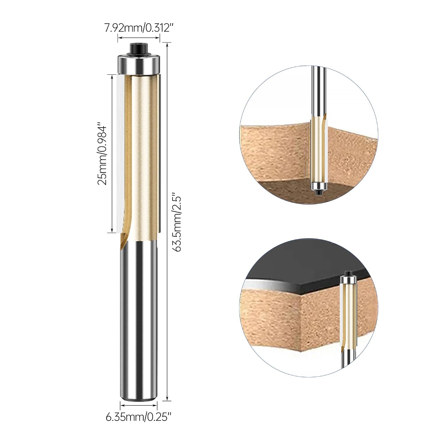 HUHAO Professional Straight Flush Trim Router Bits 1/4 Inch Shank, Top Bearing Flush Trim Router Bit Set, Cutting Height 1"