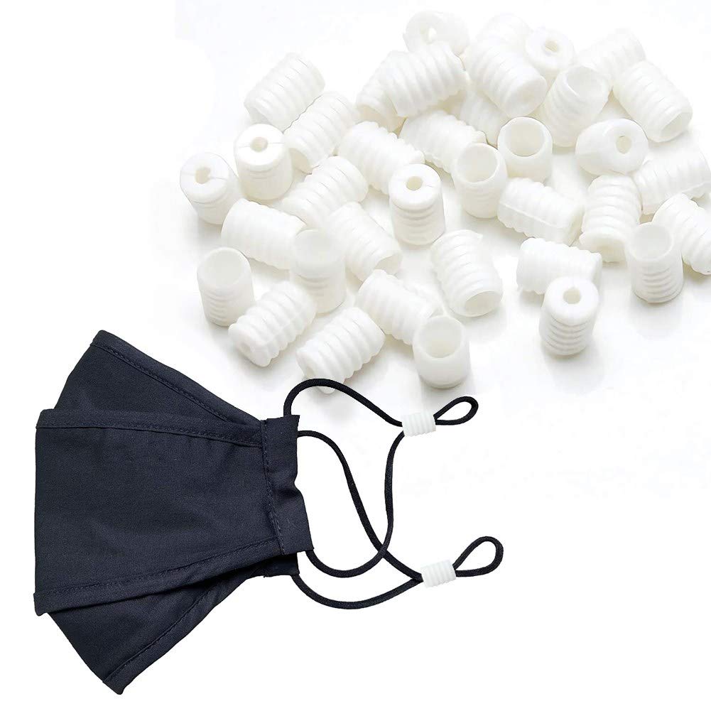 Photo 1 of 5 pack -  100 PCS Cord Locks for Mask, Elastic Adjuster Silicone Cord Stopper No Slip Earloop Toggles for Drawstring Buckle Clasp Spring, for Drawstrings Elastic Cord Adjuster Non-Slip Stopper, White 100PCS White