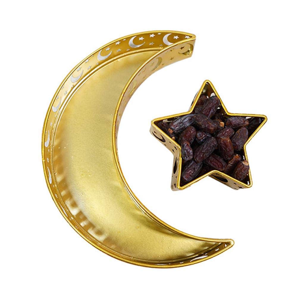 Eid Mubarak Table Decoration Ramadan Serving Tray Iron Tray Decorations Moon Star Shape Kitchen Storage for Wedding Party Festival Table Decoration,Gold,natural
