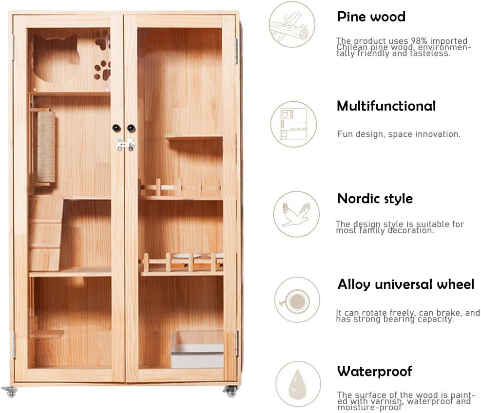 Laifug Large Wooden Cat House for Outdoor and Indoor Cats,Luxury Multi-Feature Cat Condo with Cat Scratching Posts 59in Oversized Cat Villa on Wheels : Pet Supplies