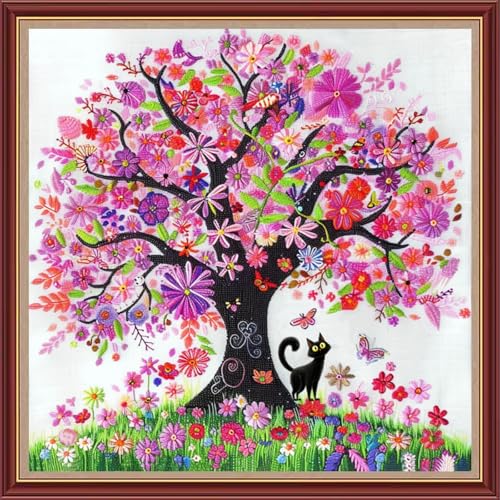 Image of Fanxvivy Stamped Cross Stitch Kits for Beginners Full Range of Cross Stitching Preprinted Embroidery Kits for Adults, 11CT Embroidery Pattern Needlepoint Kits-Colorful Floral cat 18x18 inch