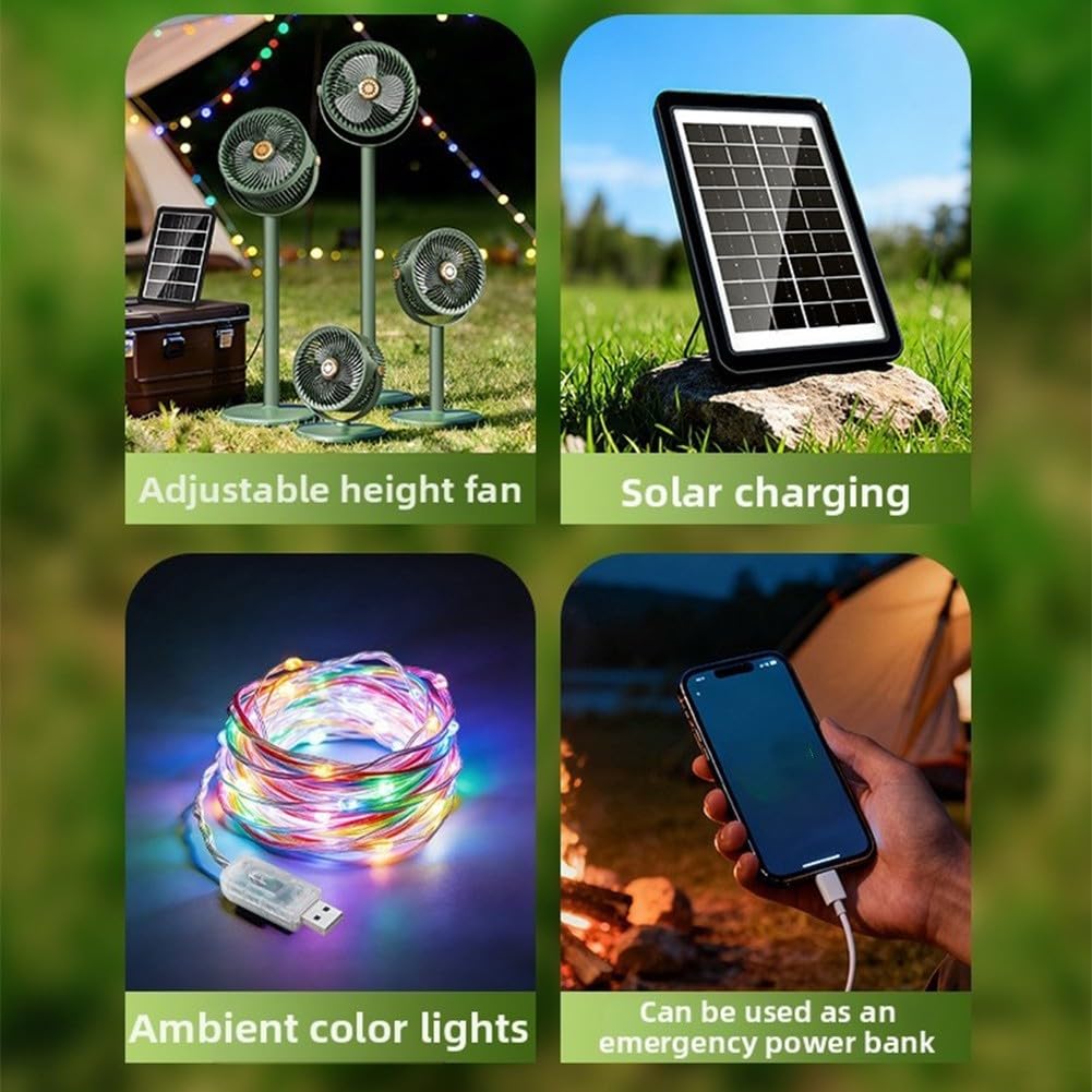 Ventilador solar compacto de pie con tira LED RGB, batería recargable de 4000 mAh, 5 ajustes de velocidad, ventilador portátil ajustable de 360° para dormitorio, camping, oficina (negro)