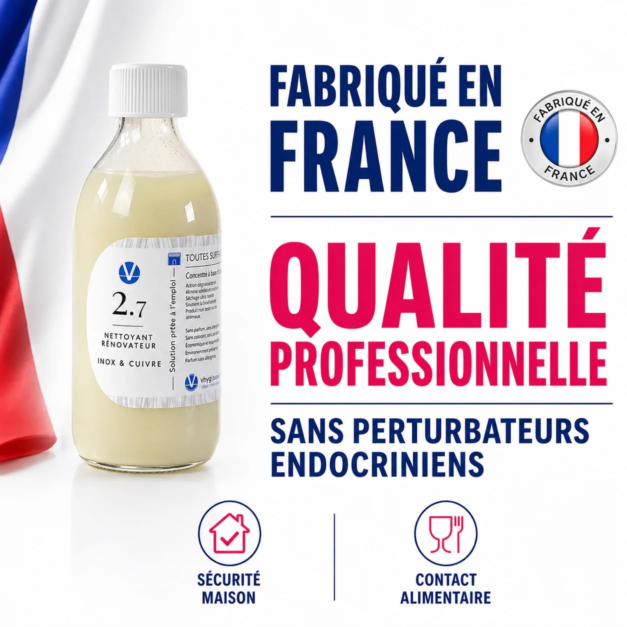 N°2.7 Rénovateur Inox Cuivre Concentré – 50 Utilisations Évier Cuisine | 0,58€/entretien, 1 à 2 ans d'utilisation, sans CMR ni perturbateurs endocriniens, sain pour animaux, fabriqué en France