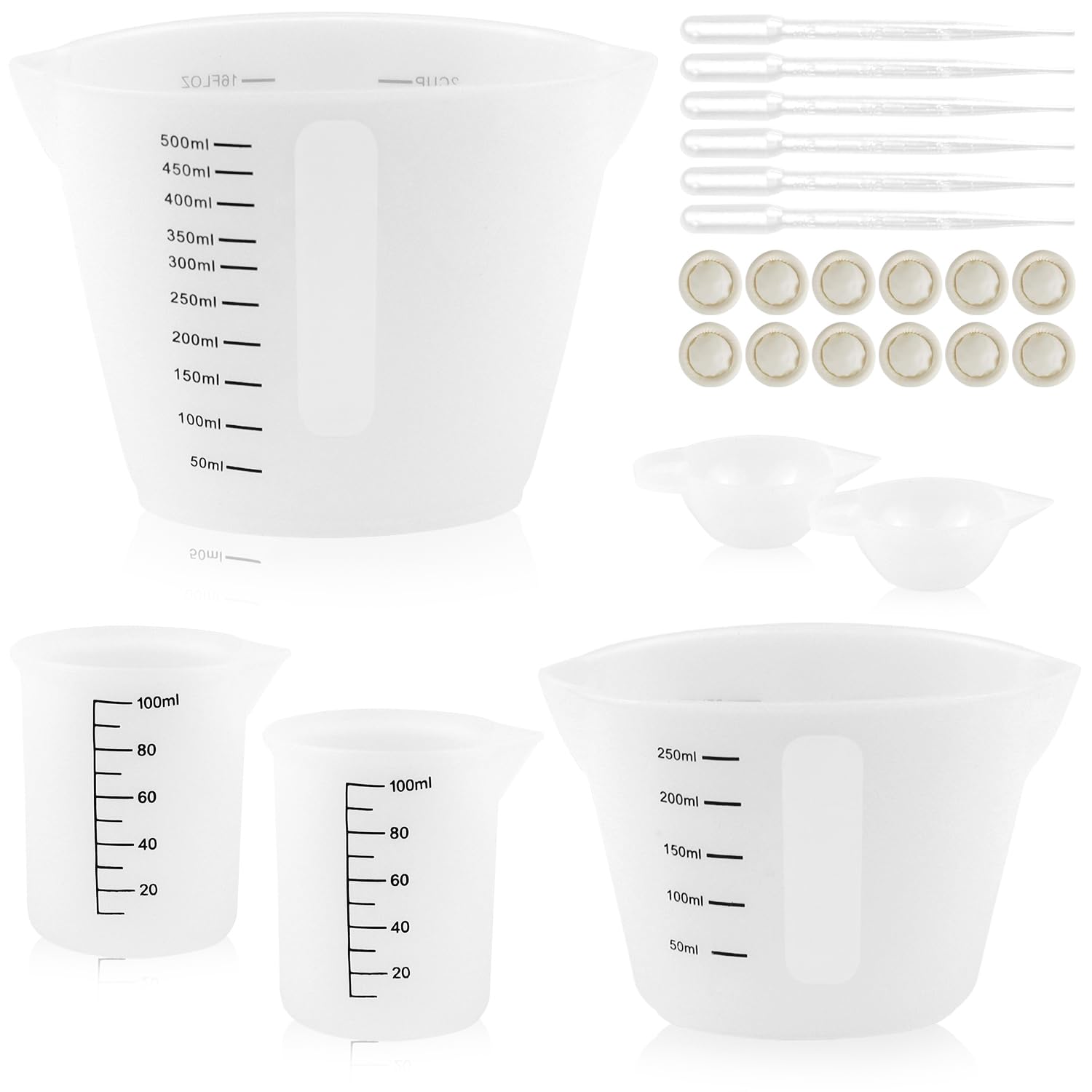 Lot De 7 Tasses Doseuses En Silicone Pour Résine époxy - 600ml, 250ml, 100ml, 10ml - Avec Bâtonnets, Pipettes, Doigtiers - Pour Bricolage, Artisanat, Labo - 5