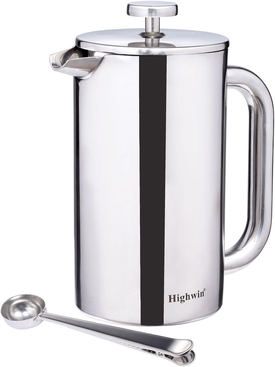 Highwin 8-Cup Double Wall Stainless Steel French Coffee Press, Durable Coffee Tea Maker with Unique Double Screens Filters, Silver