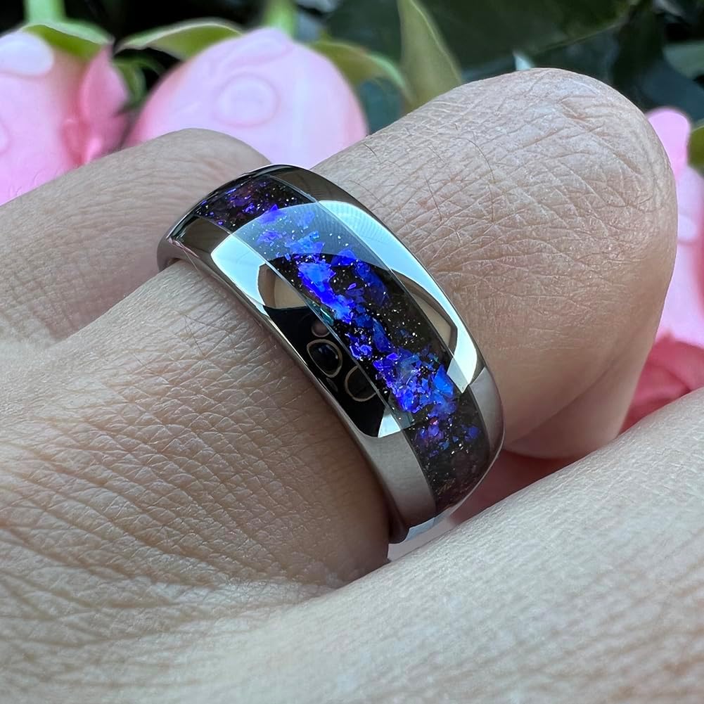 TUTISS 8mm Silver/Black/Gunmetal Tungsten Rings for Men Women Orion Nebula Opal Galaxy Fragment Inlay Fashion Jewelry Engagement Wedding Promise Band Polished Shiny Comfort Fit